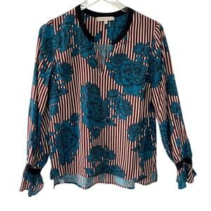 The Cause Collection Floral Striped Long Sleeve Blouse S Blue Bell Sleeve Goth